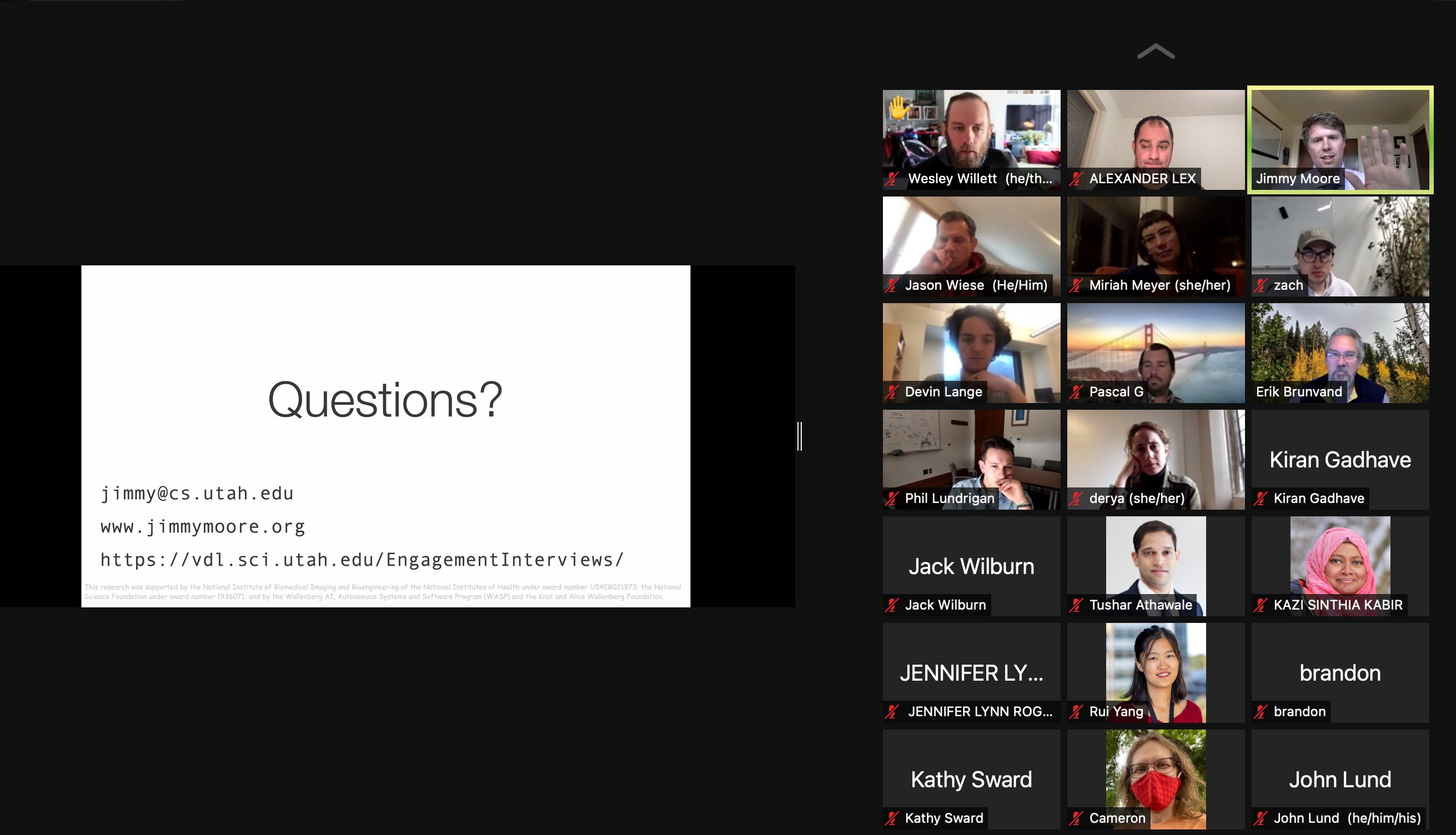 Screenshot of Jimmy's defense on zoom with committee and guests attending