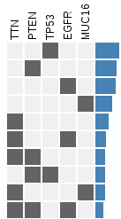 A very simple first implementation of the UpSet idea with squares and bar charts.