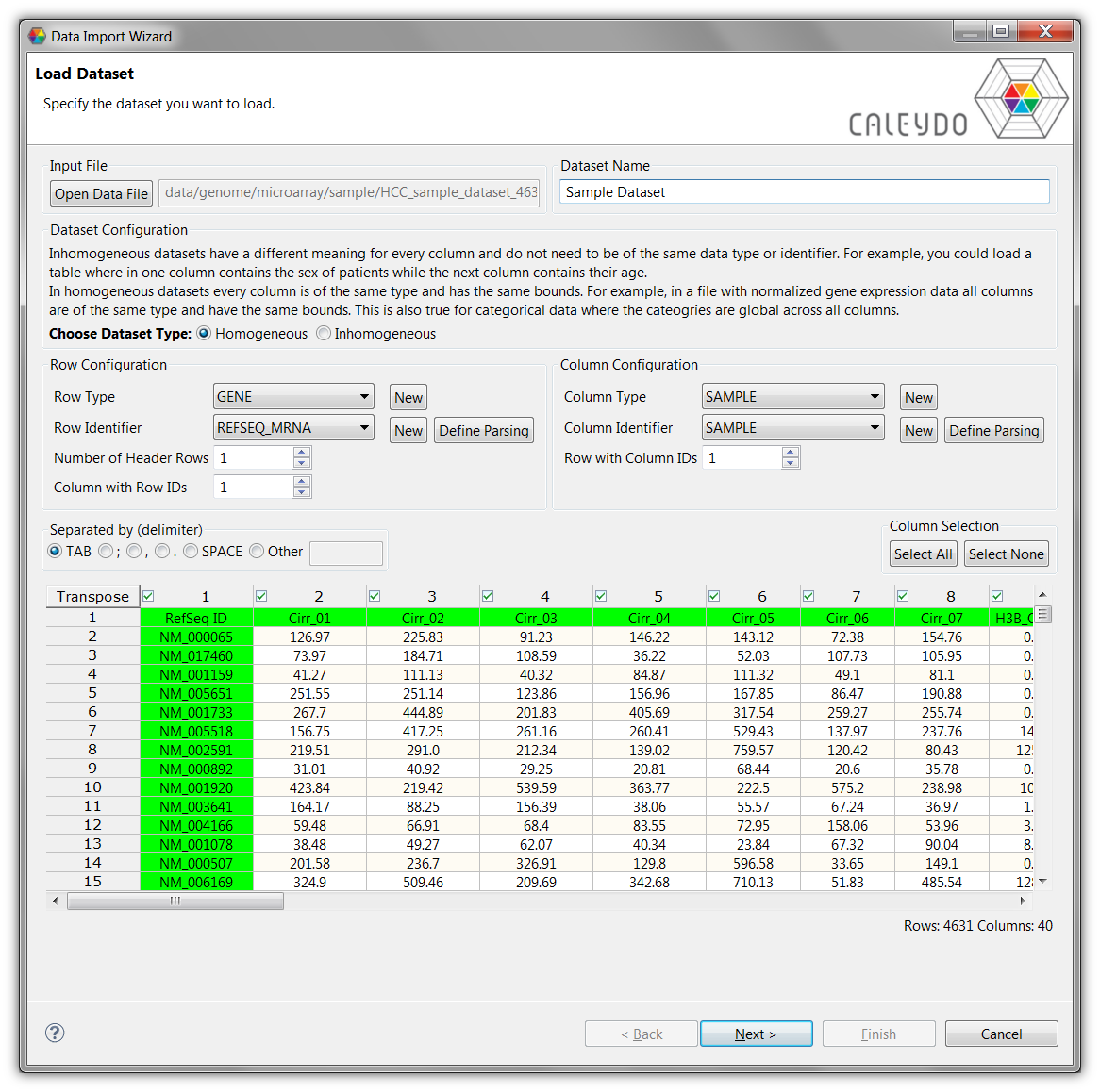 The load data interface of caleydo with a preview table.